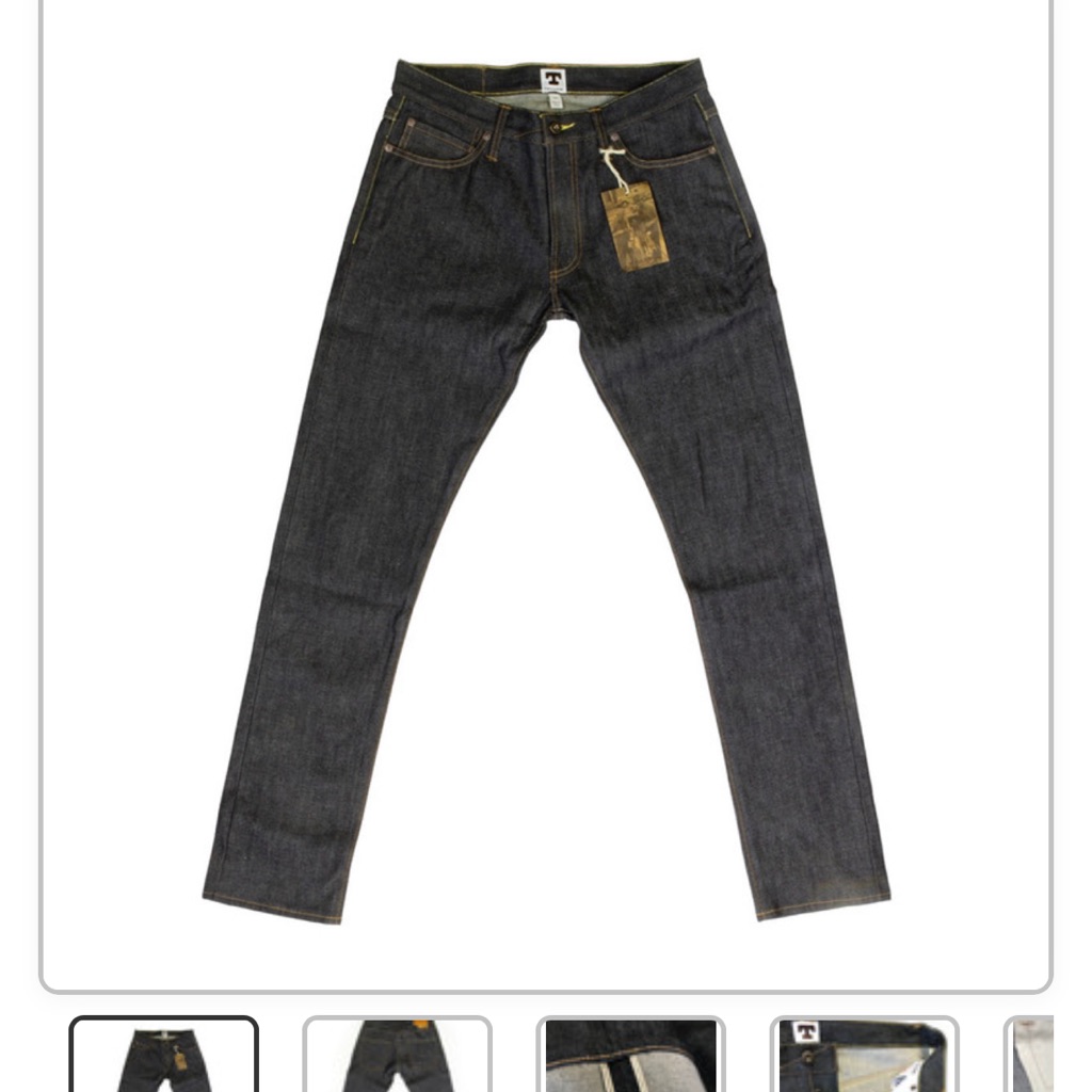 Tellason Men's Skinny Jeans In Dark Indigo With Brown Stitching
